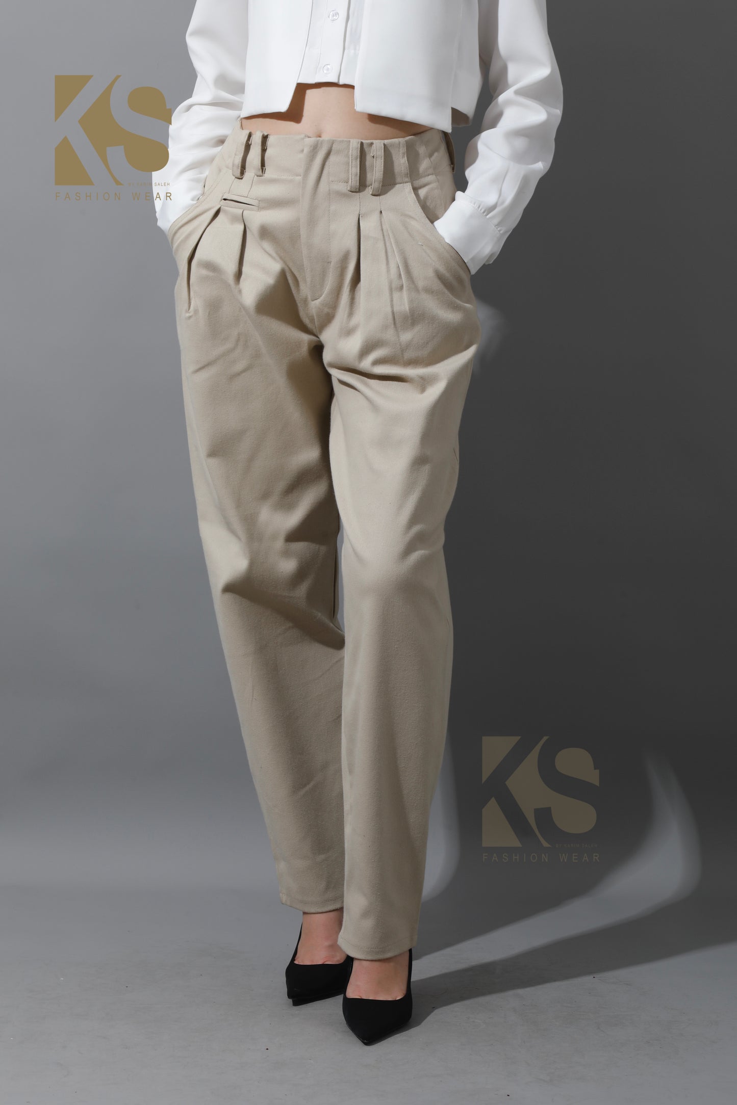High Rise Paper-Bag Pants - Light Beige
