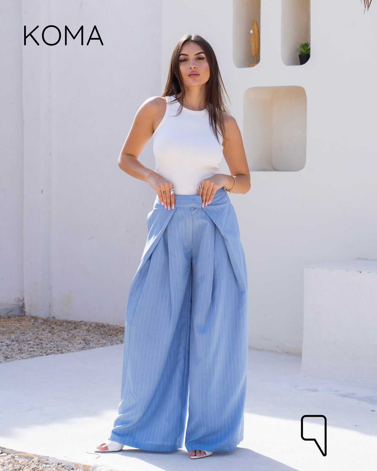 Stripped Double Pleated Trousers - Baby Blue