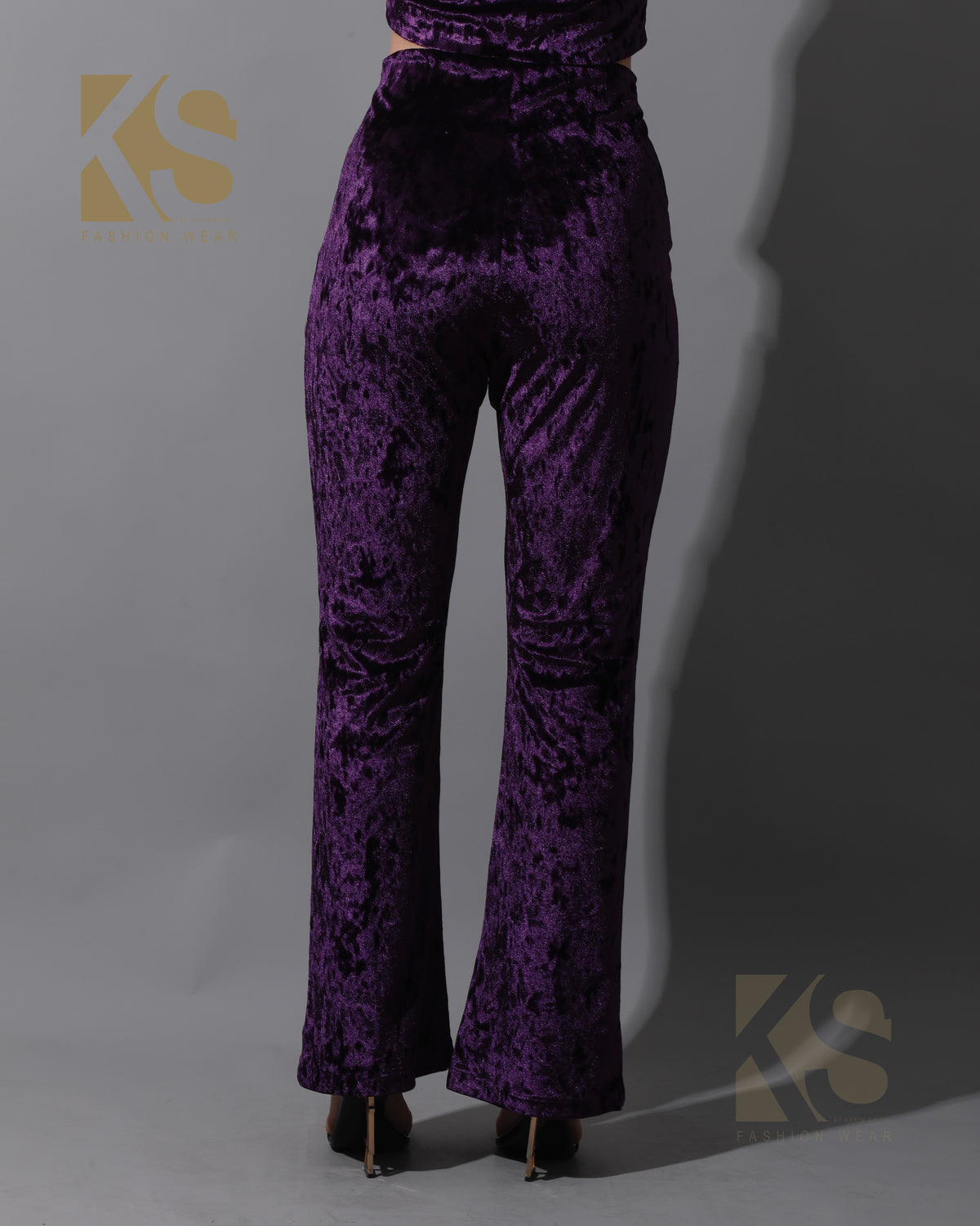 Velvet Crop Top & Bootcut Trousers Set - Purple