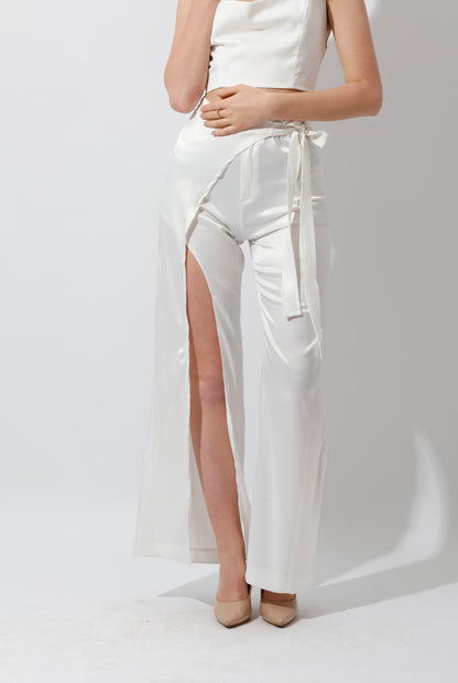 Satin Wrap Pants With Front Slit - White