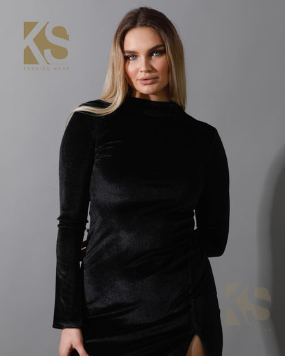 Front Slit Midi Dress - Black