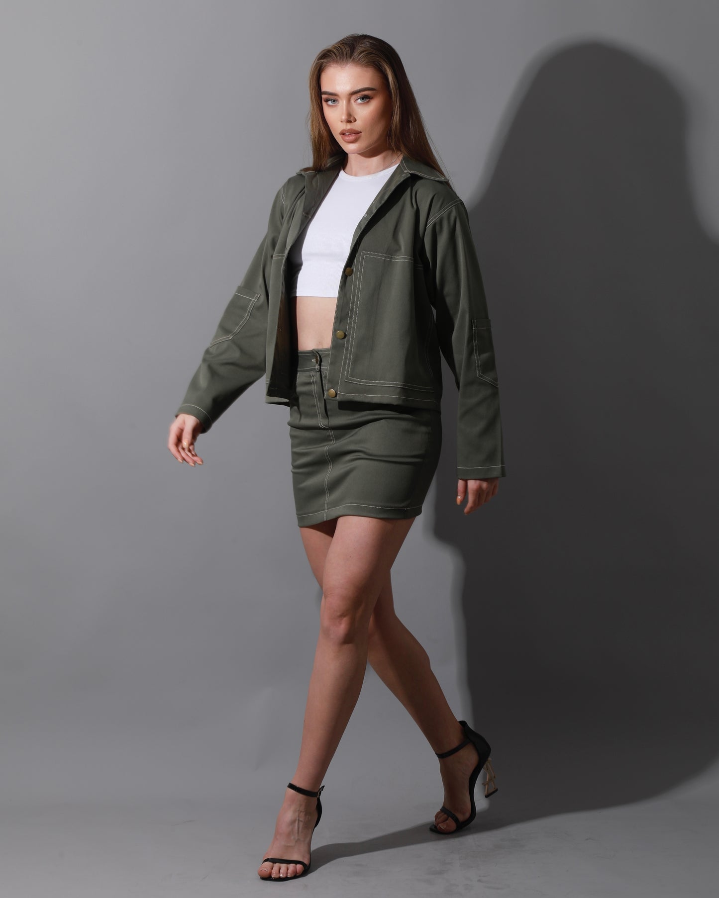 Co-Ord Gabardine Sleeves Jacket & Short Skirt - Olive
