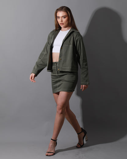Co-Ord Gabardine Sleeves Jacket & Short Skirt - Olive