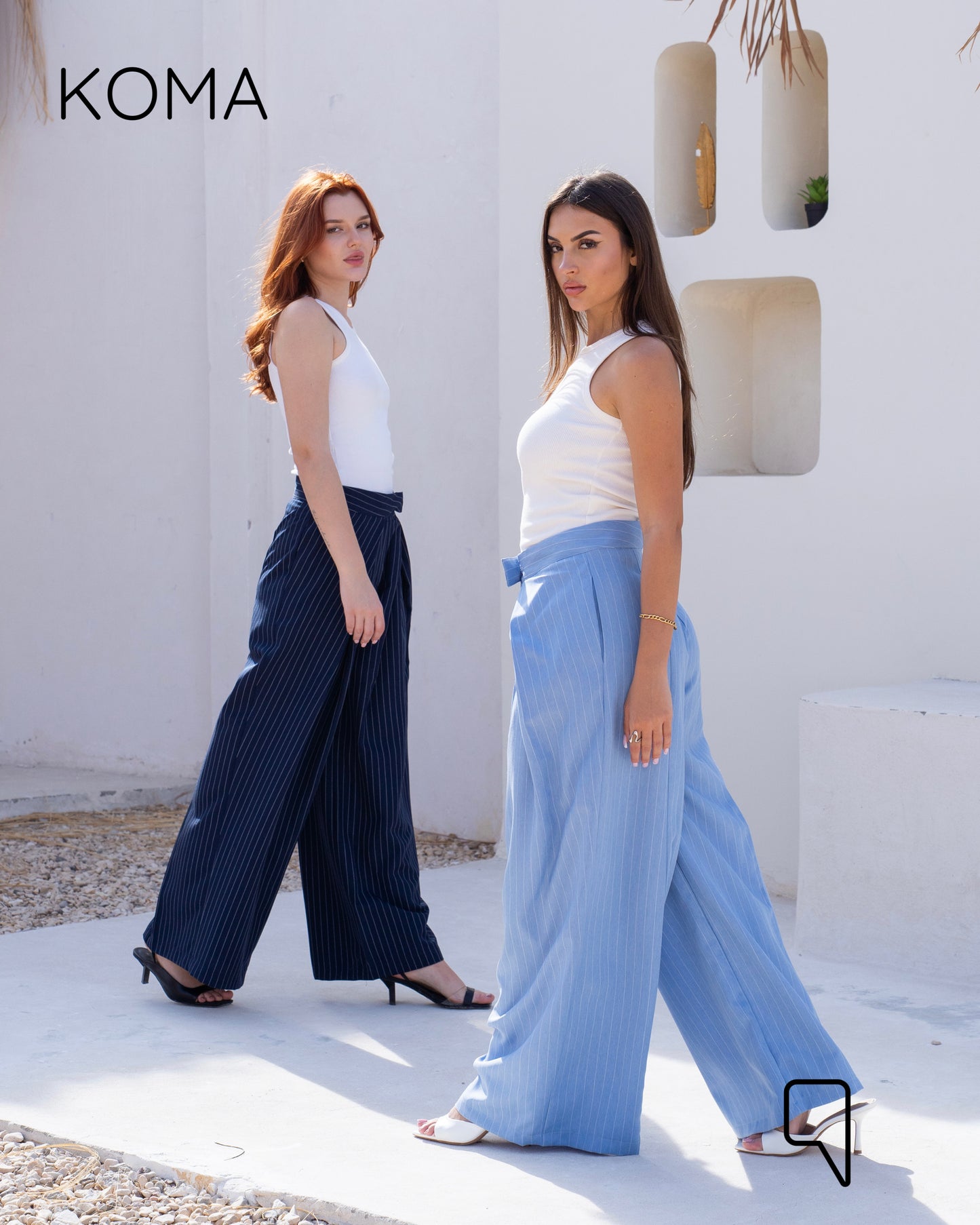 Stripped Double Pleated Trousers - Navy