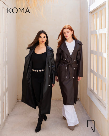 Textured Leather Coat - Dark Brown