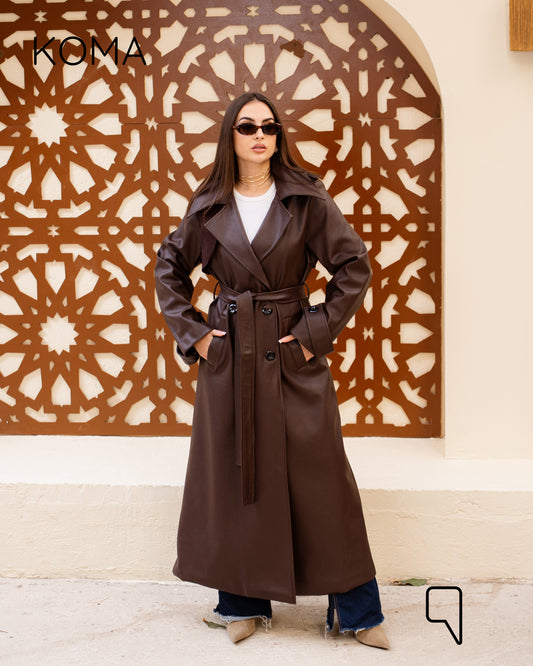 Leather Trench Coat With Suede - Brown