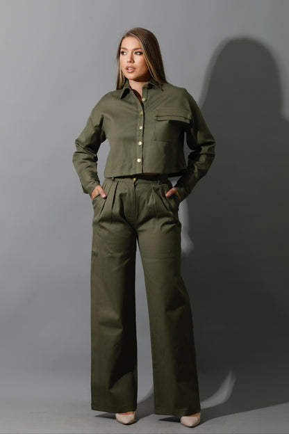 Co-ord Cropped Shirt - Olive