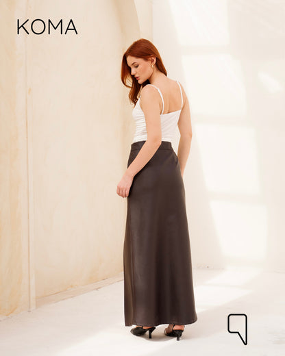 Leather Front Slit Skirt - Brown