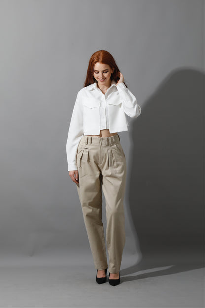 High Rise Paper-Bag Pants - Light Beige