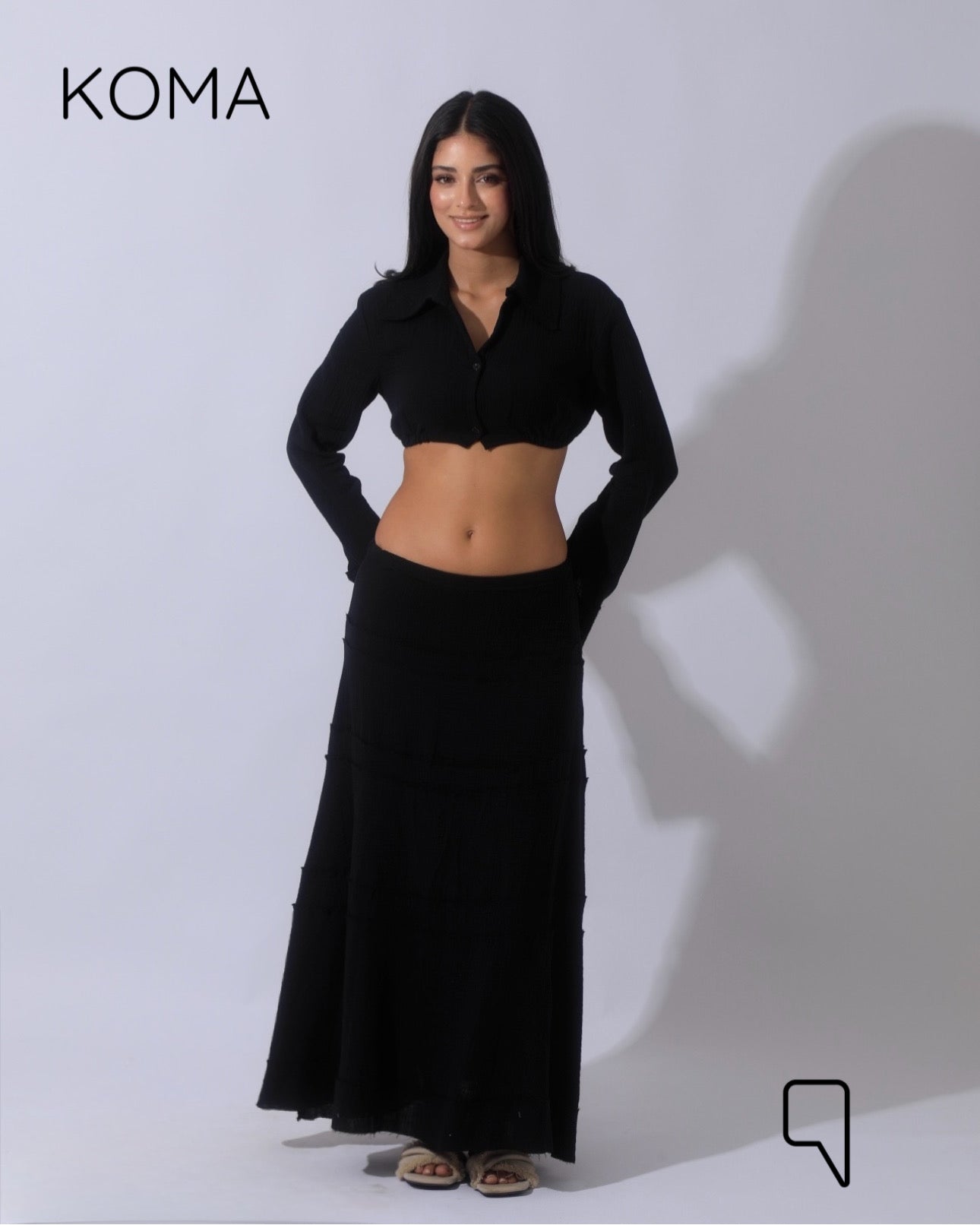 Greta Crincle Cropped Shirt & Skirt Set - Black
