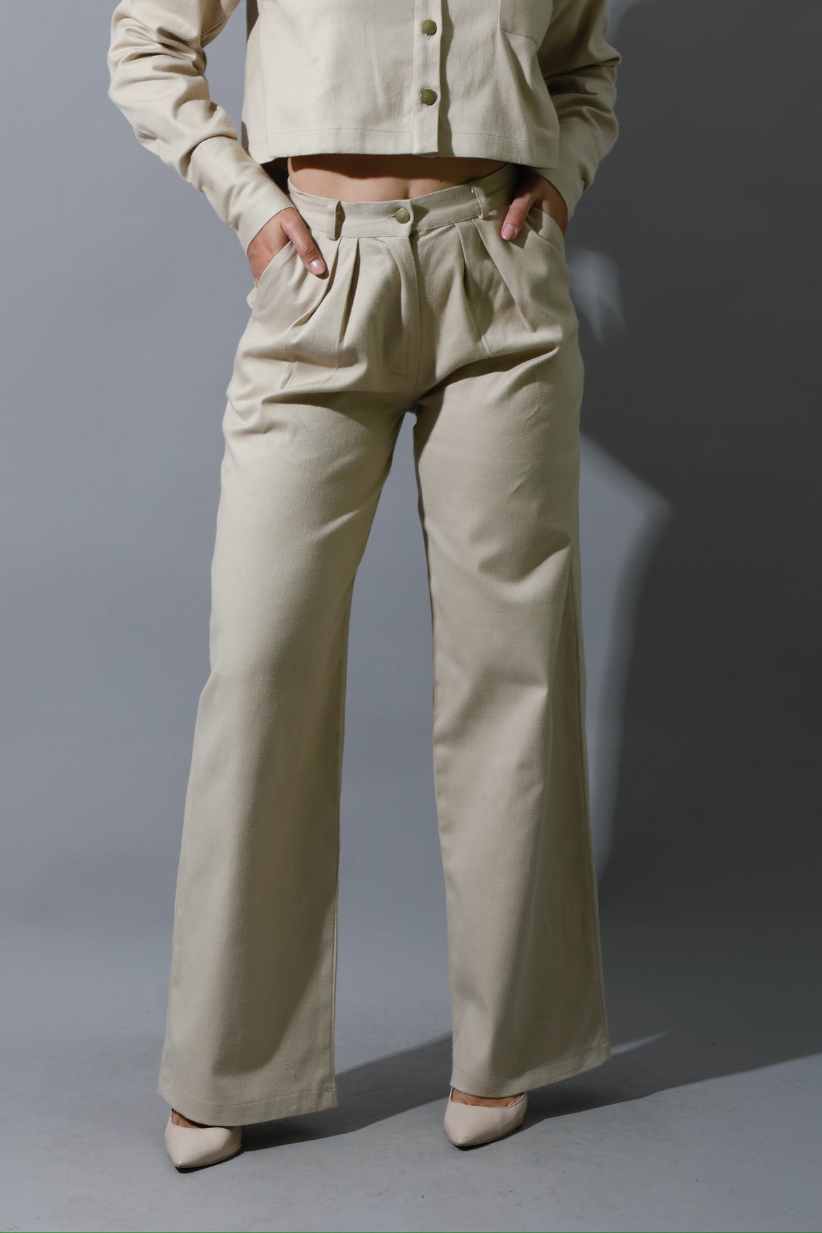 Co-ord Pleated Wide Leg Pants - Beige