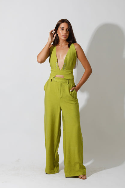 Co-Ord Front Slit Top & Trousers - kiwi Green