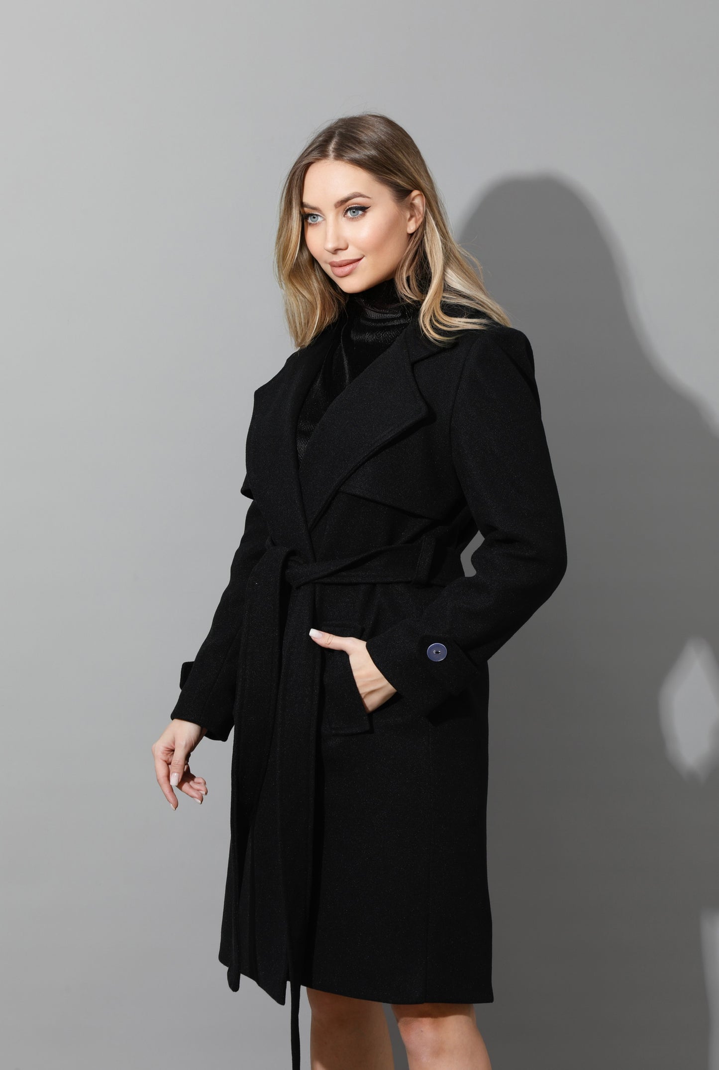 Woolen Wrapped Belted trench Coat - Black
