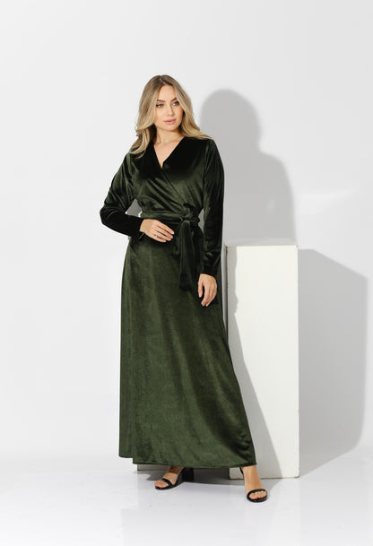 Velvet Wrap Maxi Dress - Olive