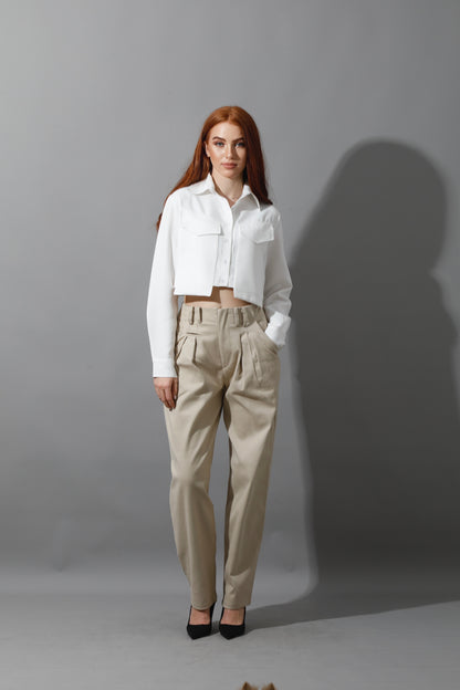High Rise Paper-Bag Pants - Light Beige