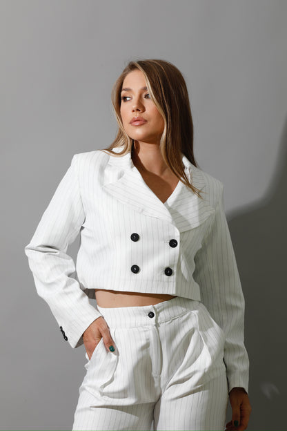 Striped Cropped Blazer Co-Ord - White