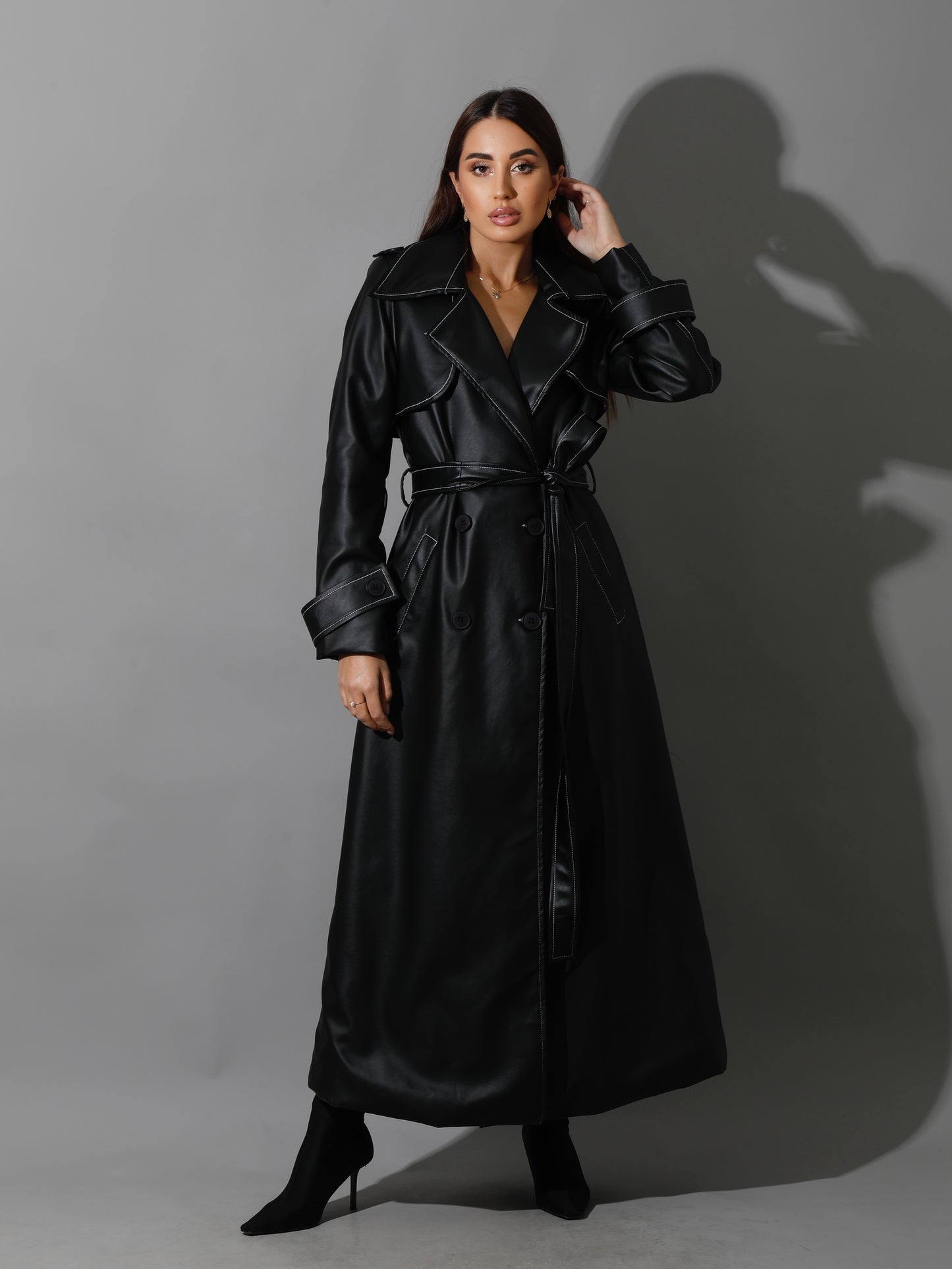 Leather Trench Coat With White Stitch - Black