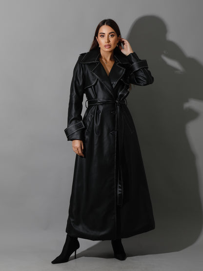 Leather Trench Coat With White Stitch - Black