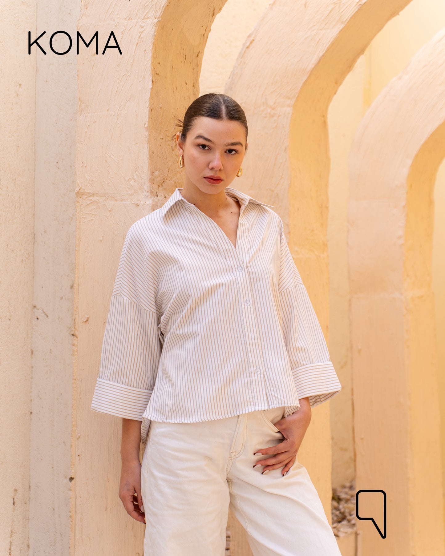 Sloane Striped Shirt With Wide Sleeves - Beige