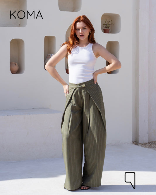 Striped Double Pleated Trousers - Olive