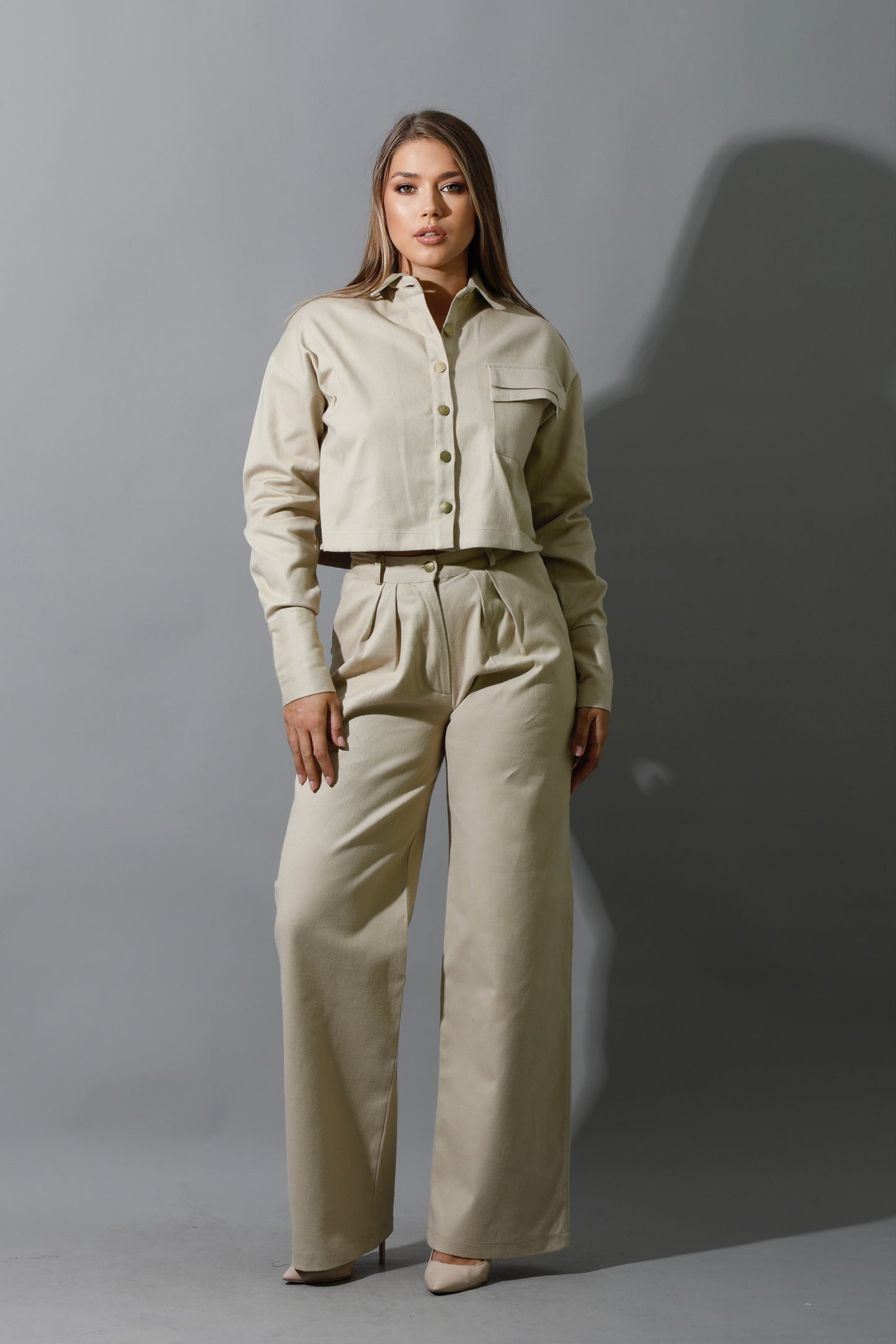 Co-ord Pleated Wide Leg Pants - Beige