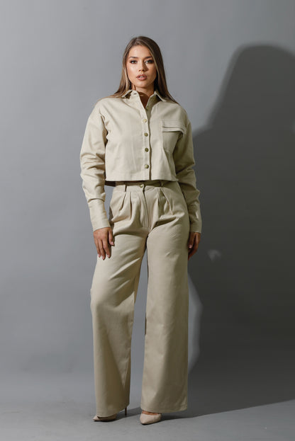 Co-ord Pleated Wide Leg Pants - Beige