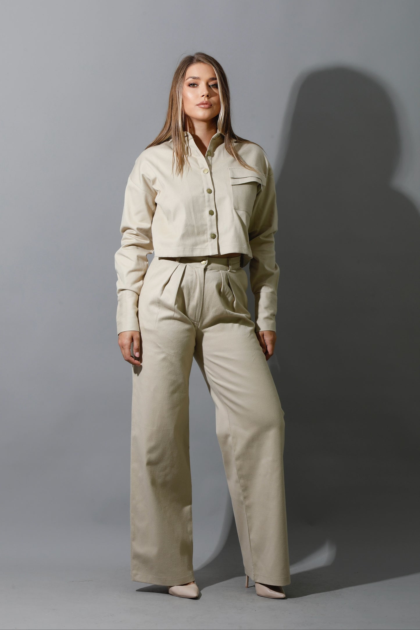 Co-ord Pleated Wide Leg Pants - Beige