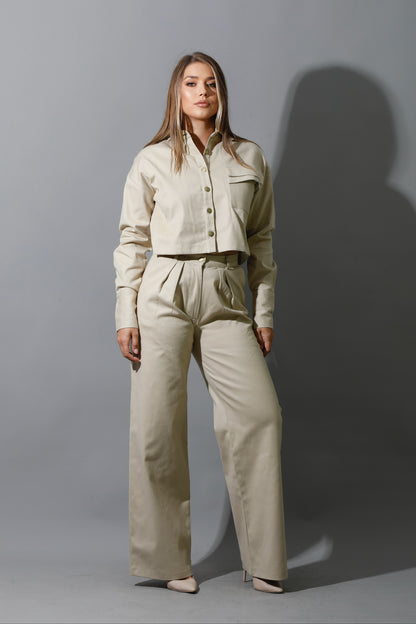Co-ord Pleated Wide Leg Pants - Beige