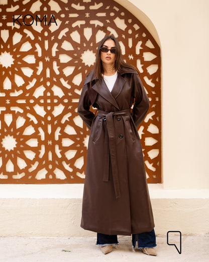 Leather Trench Coat With Suede - Brown