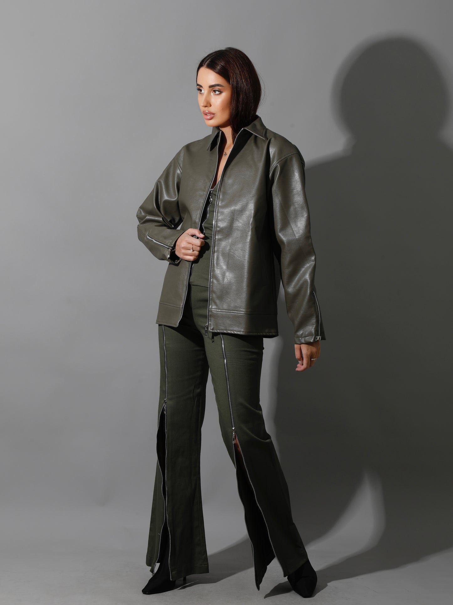 Leather Zipper Sleeved Jacket - Olive