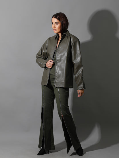Leather Zipper Sleeved Jacket - Olive