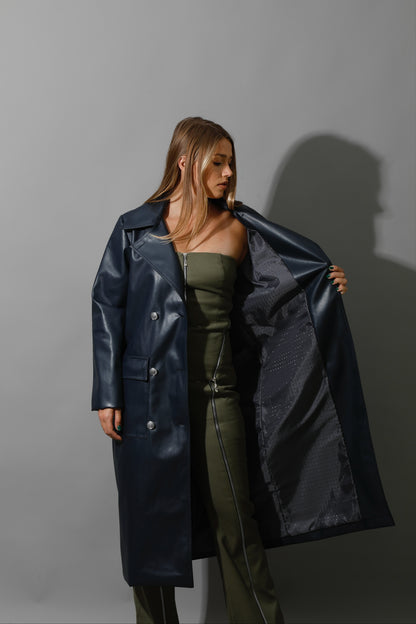 Textured Leather Coat - Navy
