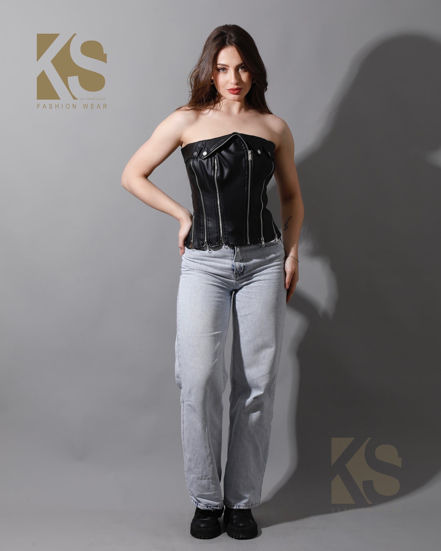 Leather Zippers Corset - Black
