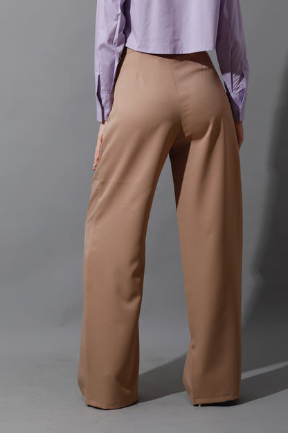 Noelle High Waist Wide Leg Trousers - Beige