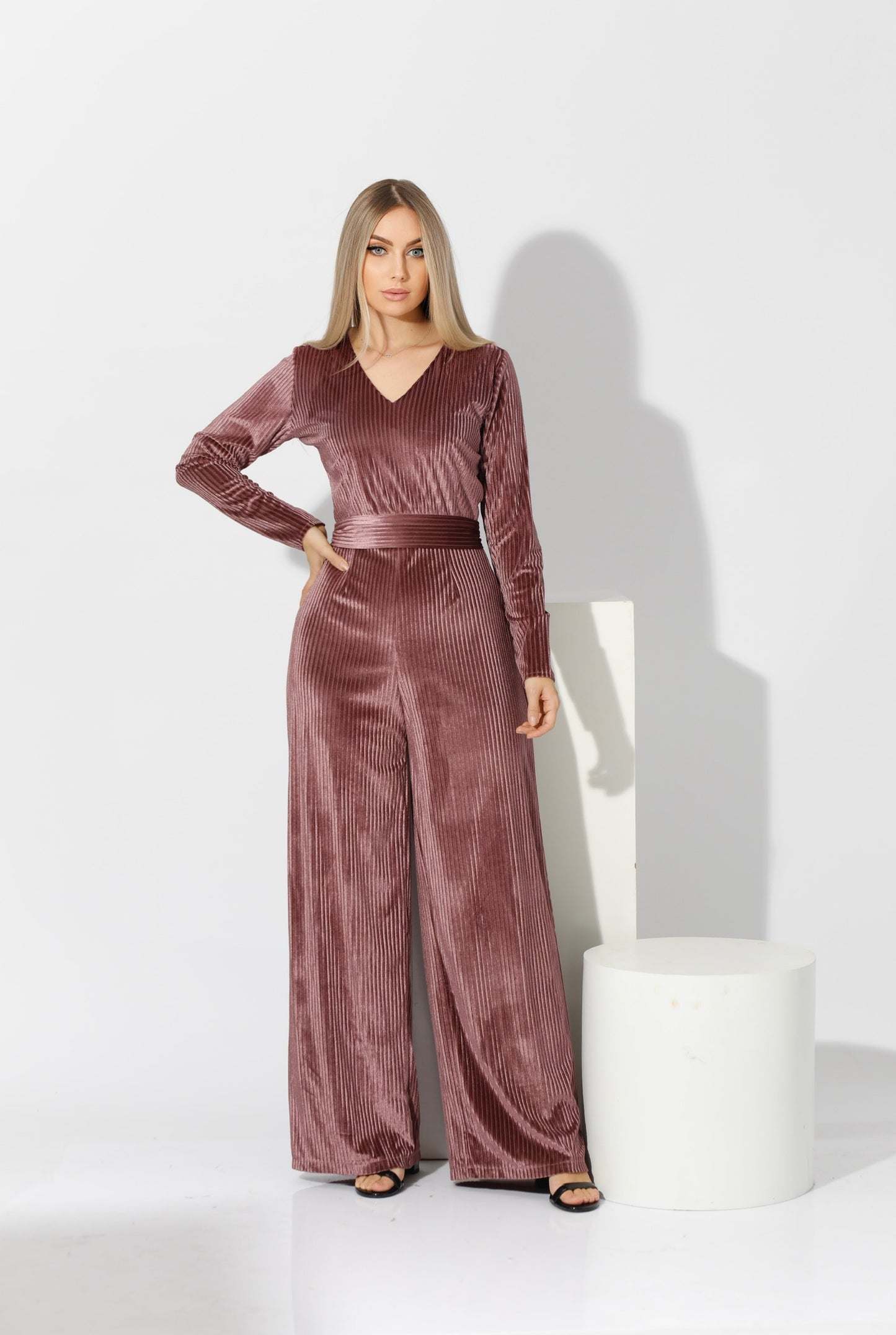 Striped Velvet wide leg Jumpsuit- Simone