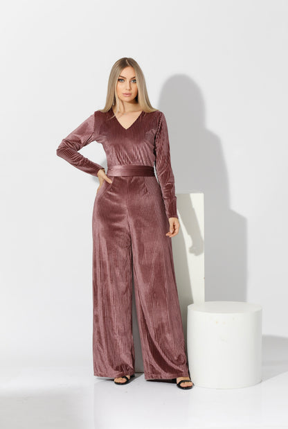 Striped Velvet wide leg Jumpsuit- Simone