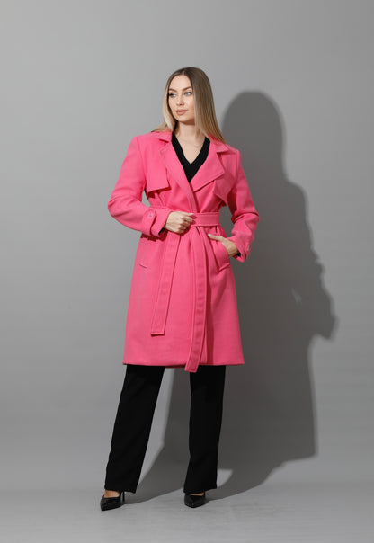 Woolen Wrapped Belted trench Coat - Barbie Pink