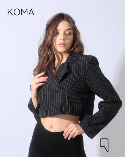 Striped Cropped Blazer Co-Ord - Black