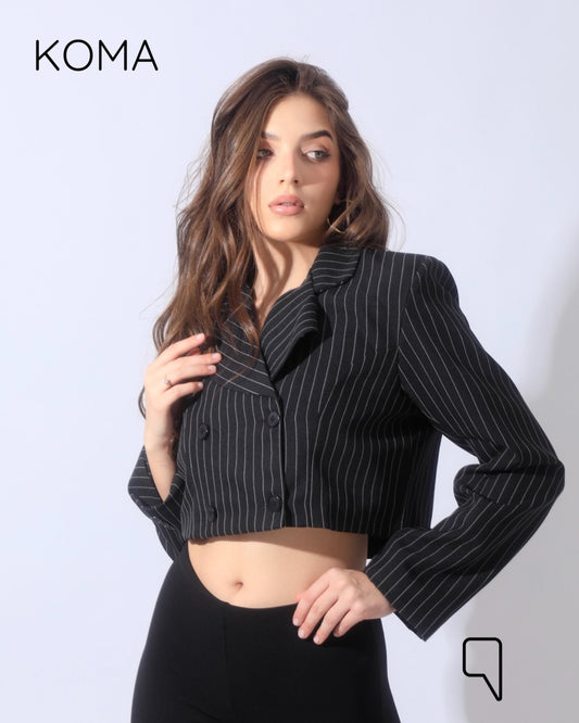 Striped Cropped Blazer Co-Ord - Black