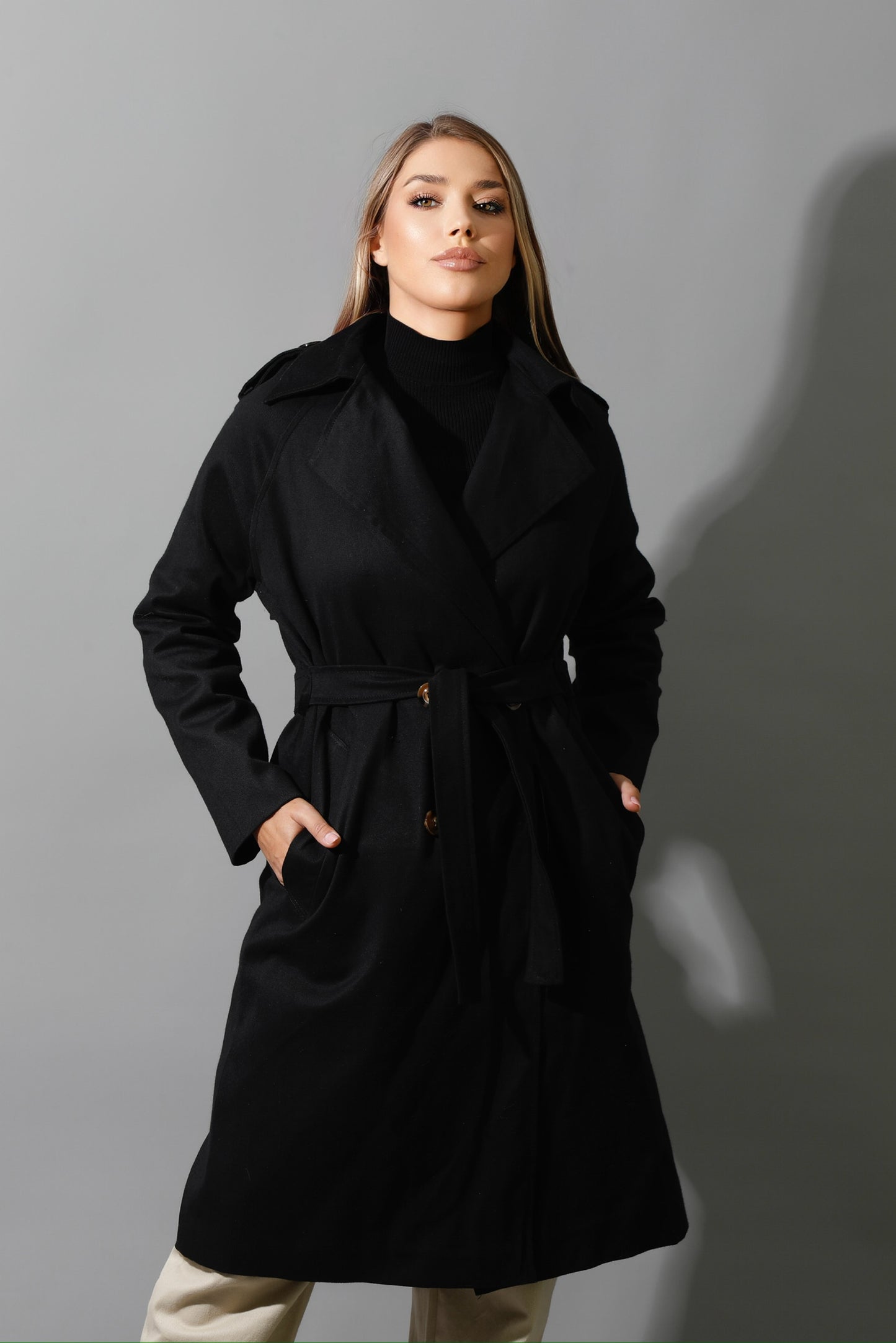 Wrapped Belted Trench Coat - Black