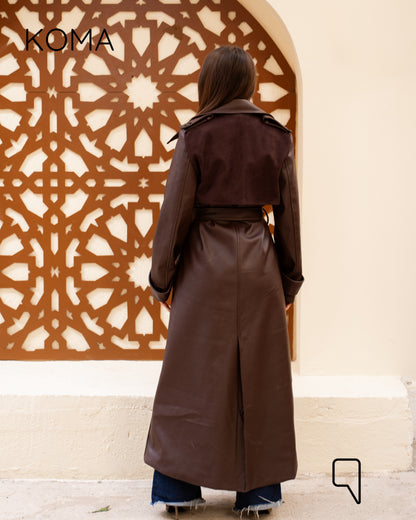 Leather Trench Coat With Suede - Brown