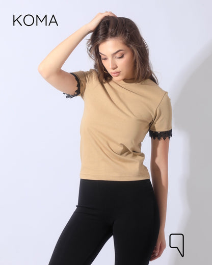 Vivi T-shirt with Joubair at sleeves ends - Beige