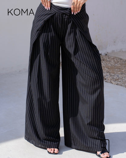 Stripped Double Pleated Trousers - Black