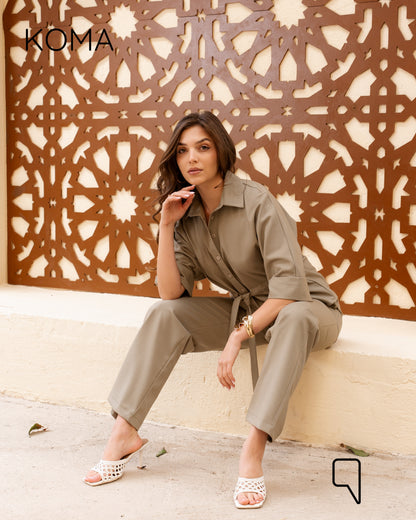 Olivia Safari Shirt & Blend Straight Trousers Set - Olive