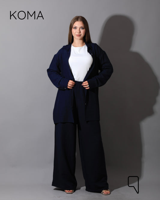 Co-Ord Lenin Long Sleeve Shirt & Wide Leg Trousers - Navy
