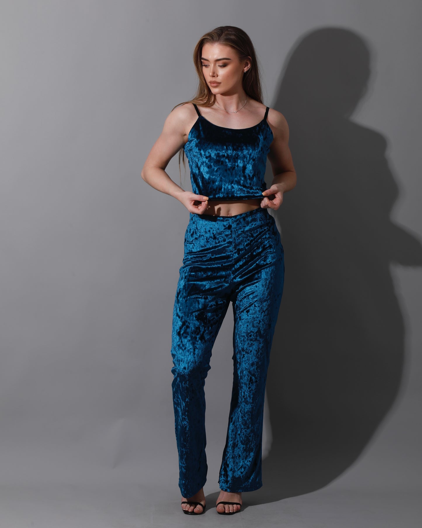 Velvet Crop Top & Bootcut Trousers Set - Petrol