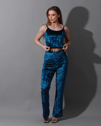 Velvet Crop Top & Bootcut Trousers Set - Petrol