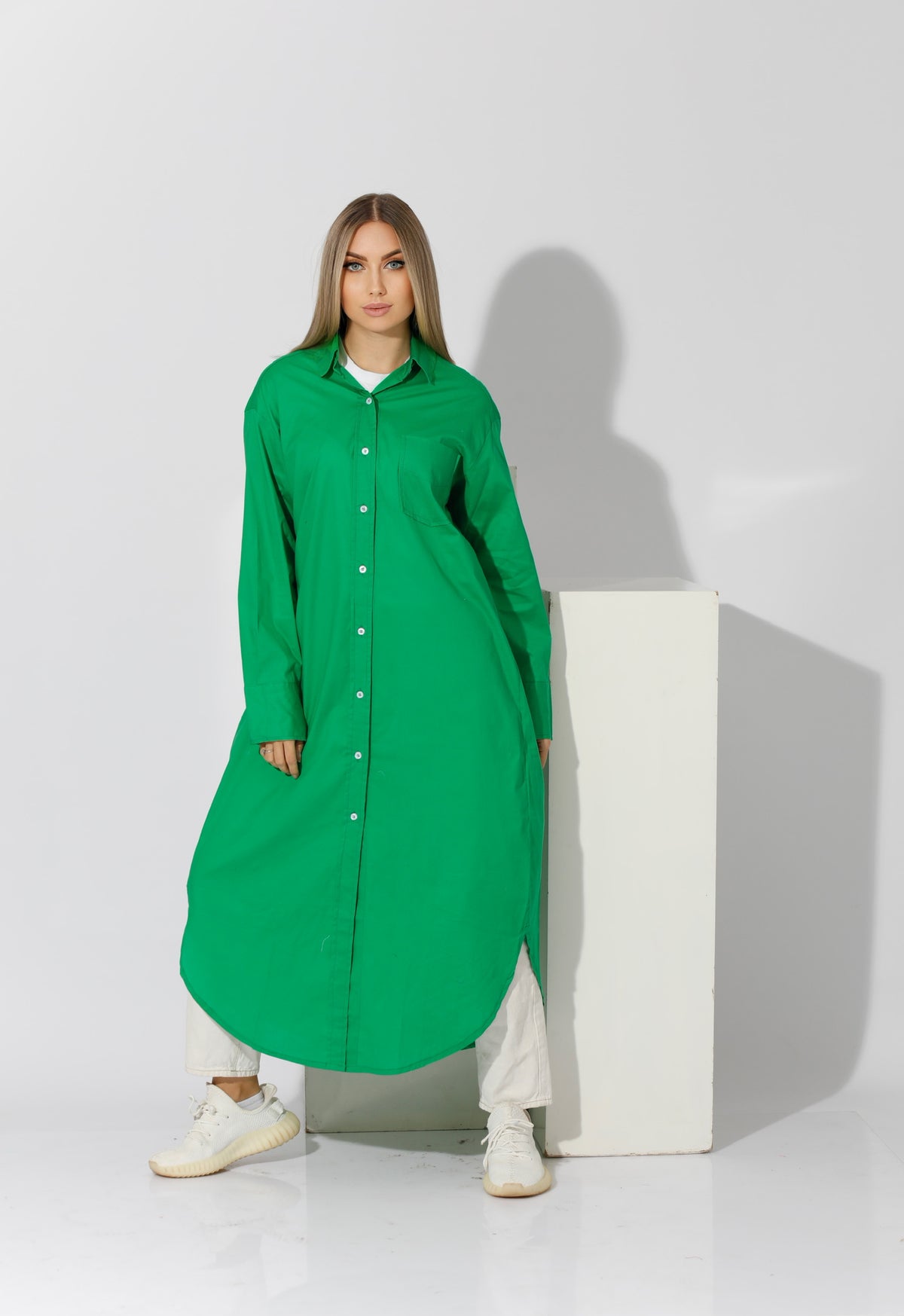Long Oversized Shirt Dress - Green