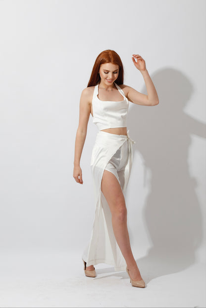 Satin Wrap Pants With Front Slit - White