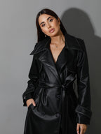 Bella Faux Leather Trench Coat with White Stitch - Black